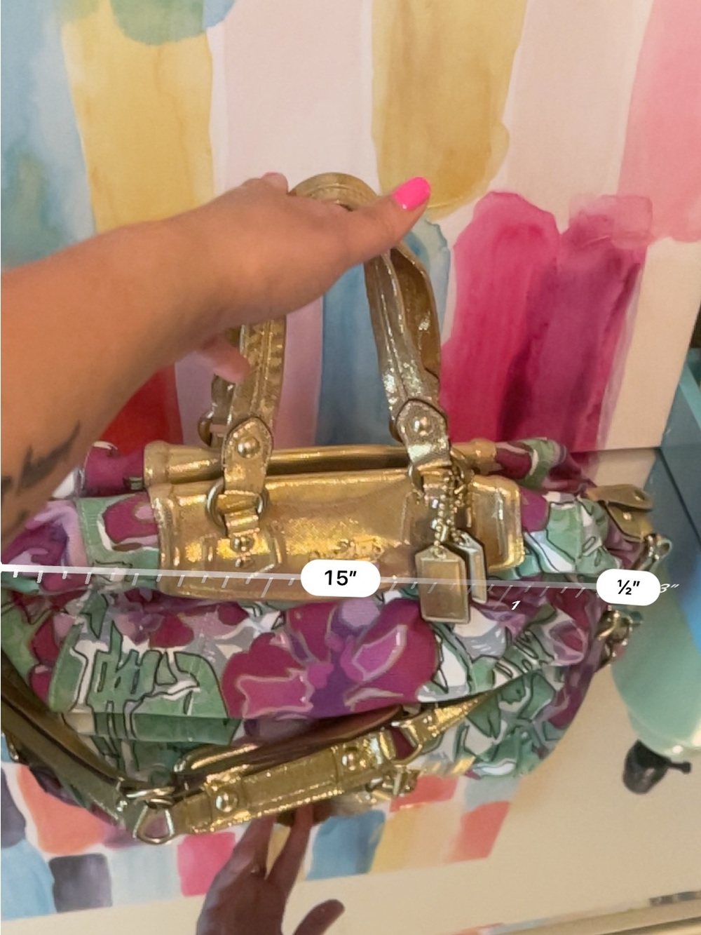 Coach Floral Canvas Satchel with Gold Leather Trim - Picture 3 of 10